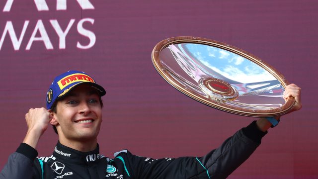 Australian Grand Prix, Sunday, Getty Images MELBOURNE, AUSTRALIA - MARCH 08: Race winner George Russell of Great Britain and Mercedes AMG Petronas F1 Team lifts his trophy on the podium during the F1 Grand Prix of Australia at Albert Park Grand Prix Circuit on March 08, 2026 in Melbourne, Australia. (Photo by Joe Portlock/Getty Images)