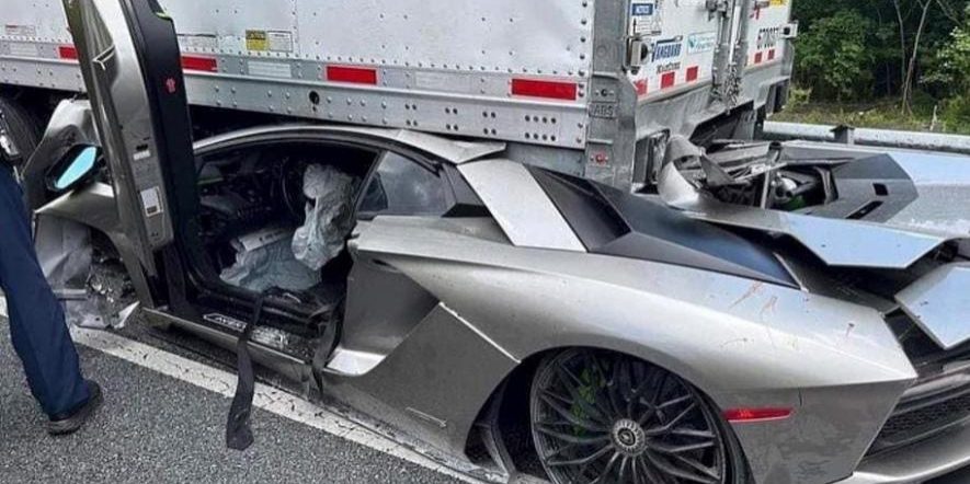 Rented Lamborghini slides under truck in high-speed crash