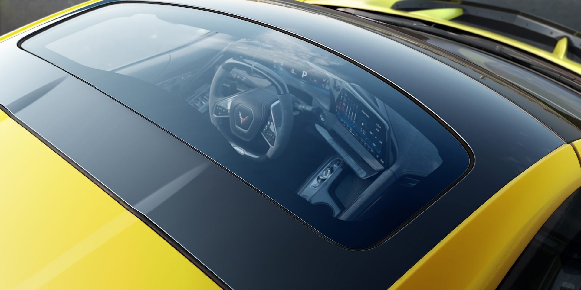 2026 Corvette Electrochromic Roof Overhead view of electrochromic roof on 2026 Chevrolet Corvette ZR1. Preproduction model shown, actual production model may vary (image courtesy Chevrolet)