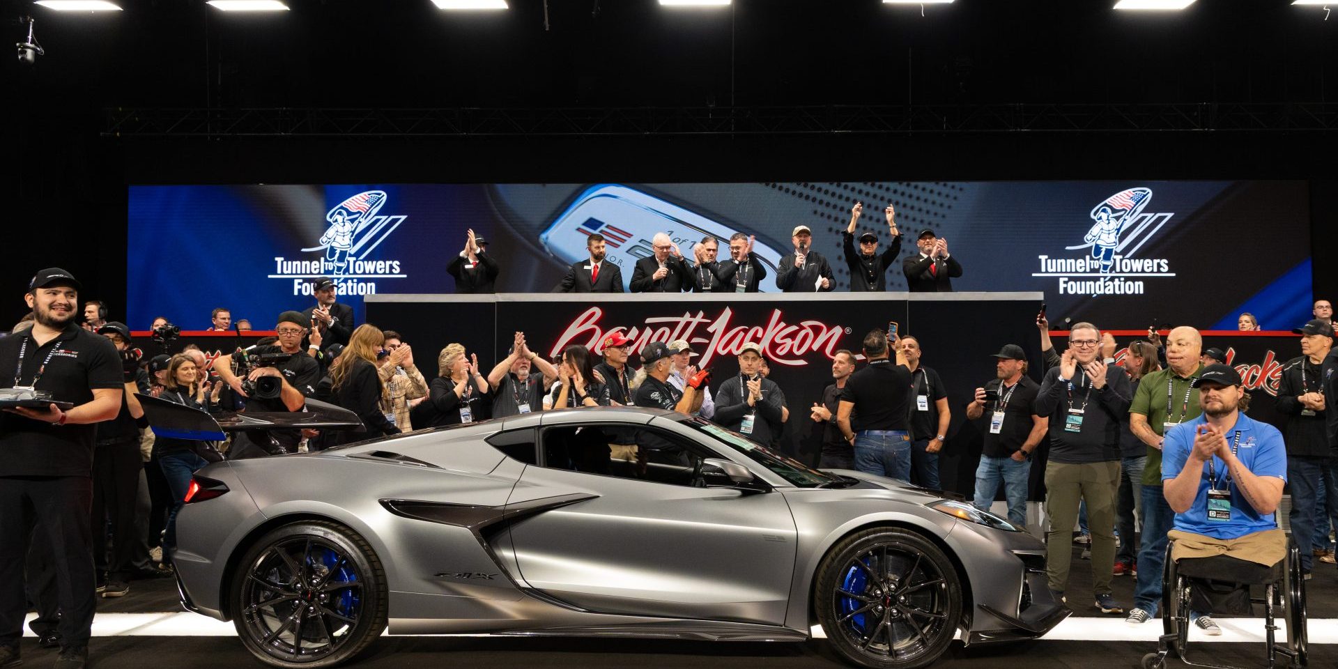 A 1-of-1 Chevrolet Corvette ZR1X which sold for $2.6 million at the 2026 Barrett-Jackson Scottsdale Auction, with 100 percent of the hammer price benefitting the Tunnel to Towers foundation.