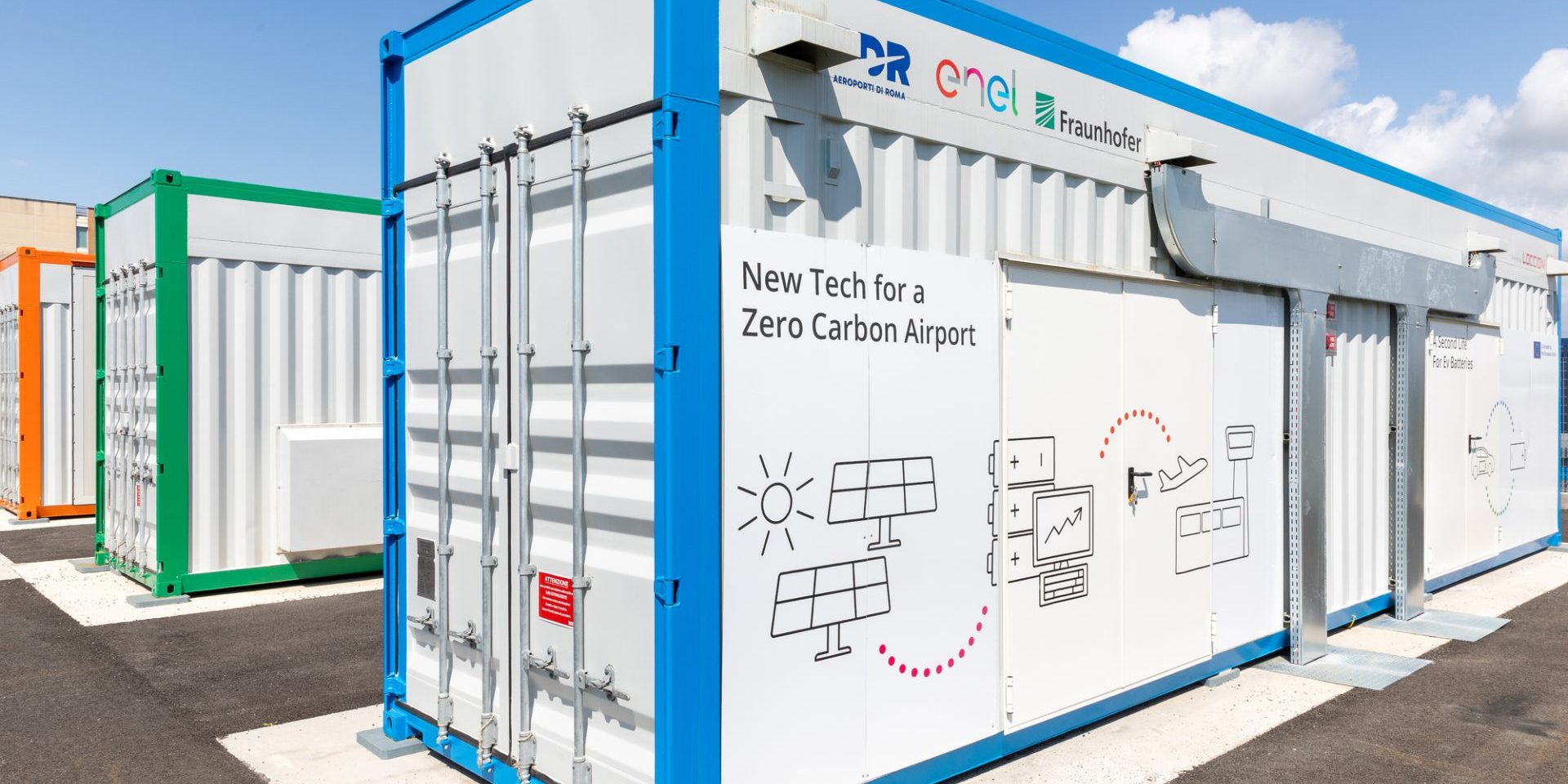 Battery Energy Storage System at Rome Fiumicino Airport Battery Energy Storage System at Rome Fiumicino Airport including 84 end of life Nissan LEAF batteries. Part of the airport's Pioneer project to generate 31 GWh of renewable energy per year