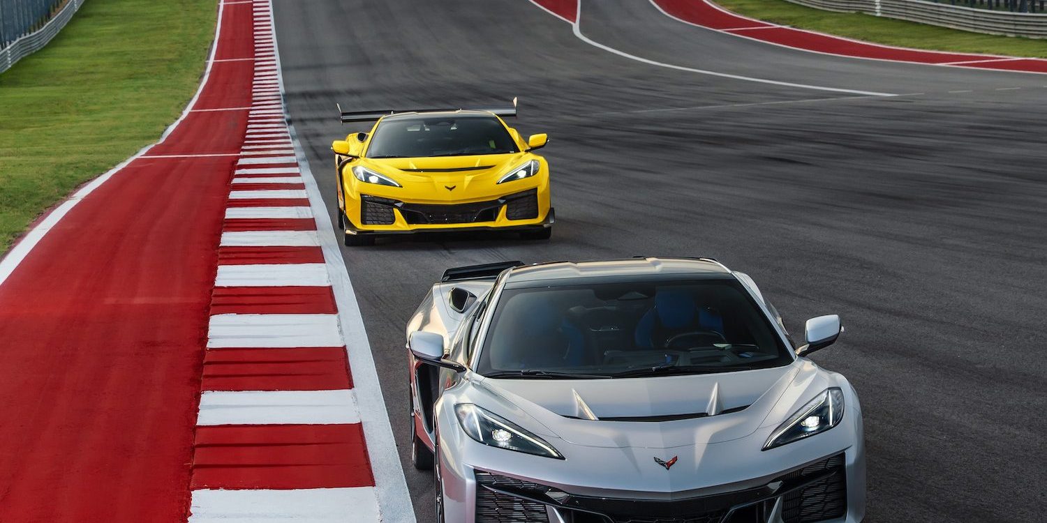 Chevrolet 2026 Corvette ZR1X Blade Silver and 2025 Corvette ZR1 Competition Yellow Front view of a Corvette ZR1X in Blade Silver Metallic and a ZR1 with ZTK Performance Package in Competition Yellow Tintcoat Metallic driving on a race track. With ZR1 and ZR1X, Chevrolet now has the most powerful American performance car duo of any auto manufacturer. Preproduction model shown, actual production model may vary (image courtesy GM)