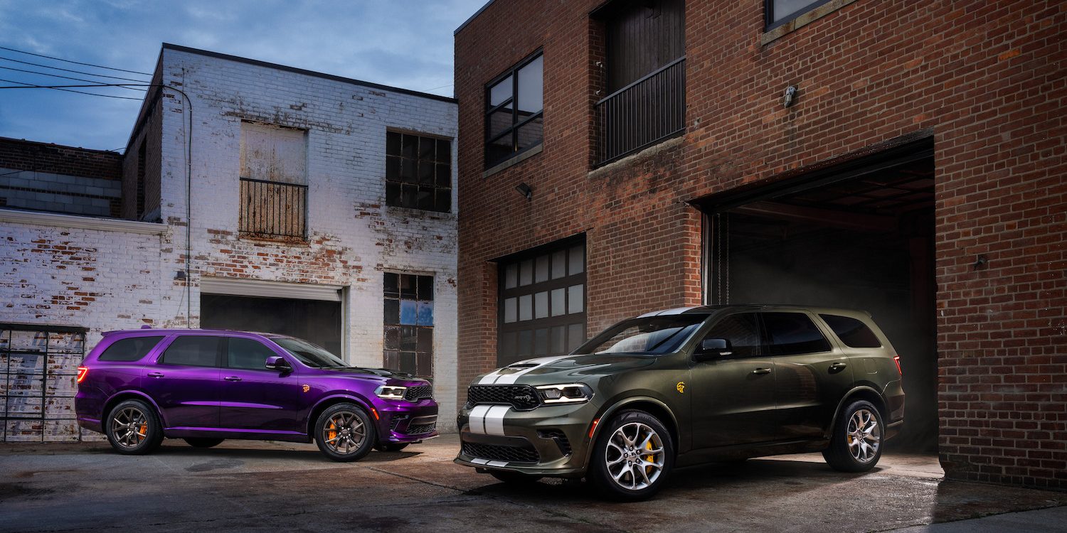 2026 Dodge Durango SRT Hellcat Jailbreak in Green Machine (front). A Jailbreak Custom Color program will allow select Dodge customers to paint their Durango SRT Hellcat Jailbreak in nearly any color imaginable, including Stryker Purple (shown at rear). 2026 Dodge Durango SRT Hellcat Jailbreak in Green Machine (front). A Jailbreak Custom Color program will allow select Dodge customers to paint their Durango SRT Hellcat Jailbreak in nearly any color imaginable, including Stryker Purple (shown at rear).