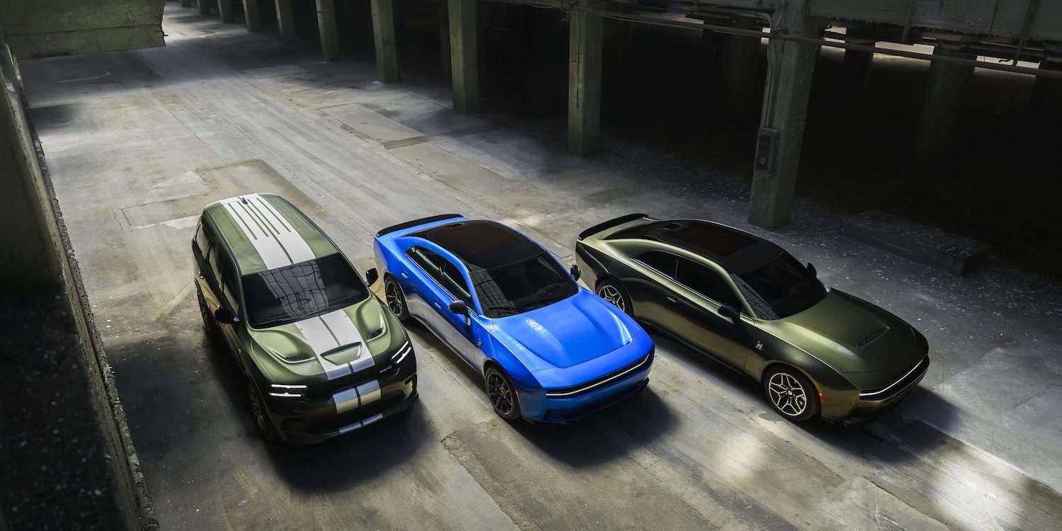 The 2026 model-year Dodge lineup includes (from left to right) the Dodge Durango SRT Hellcat Jailbreak, all-electric four-door Dodge Charger Daytona Scat Pack Plus and SIXPACK-powered Dodge Charger Scat Pack Plus.