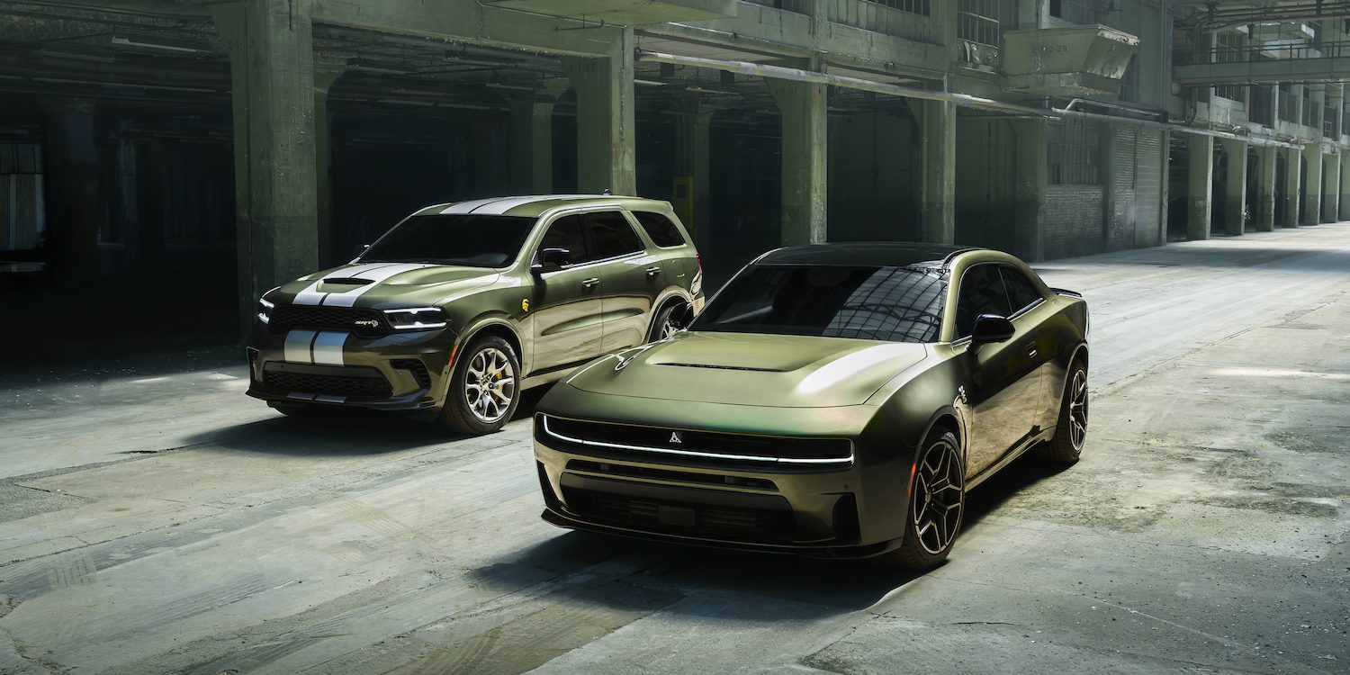 2026 Dodge Durango SRT Hellcat Jailbreak and SIXPACK-powered 2026 Dodge Charger Scat Pack Plus, both in Green Machine exterior color.