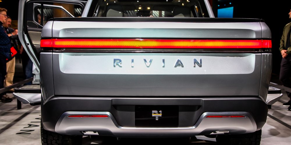 Rivian R1T Pickup truck NEW YORK, NY, USA - APRIL 17, 2019: Rivian R1T Pickup truck is an all electric vehicle shown at the New York International Auto Show 2019, at the Jacob Javits Center. This was Press Preview Day One of NYIAS
