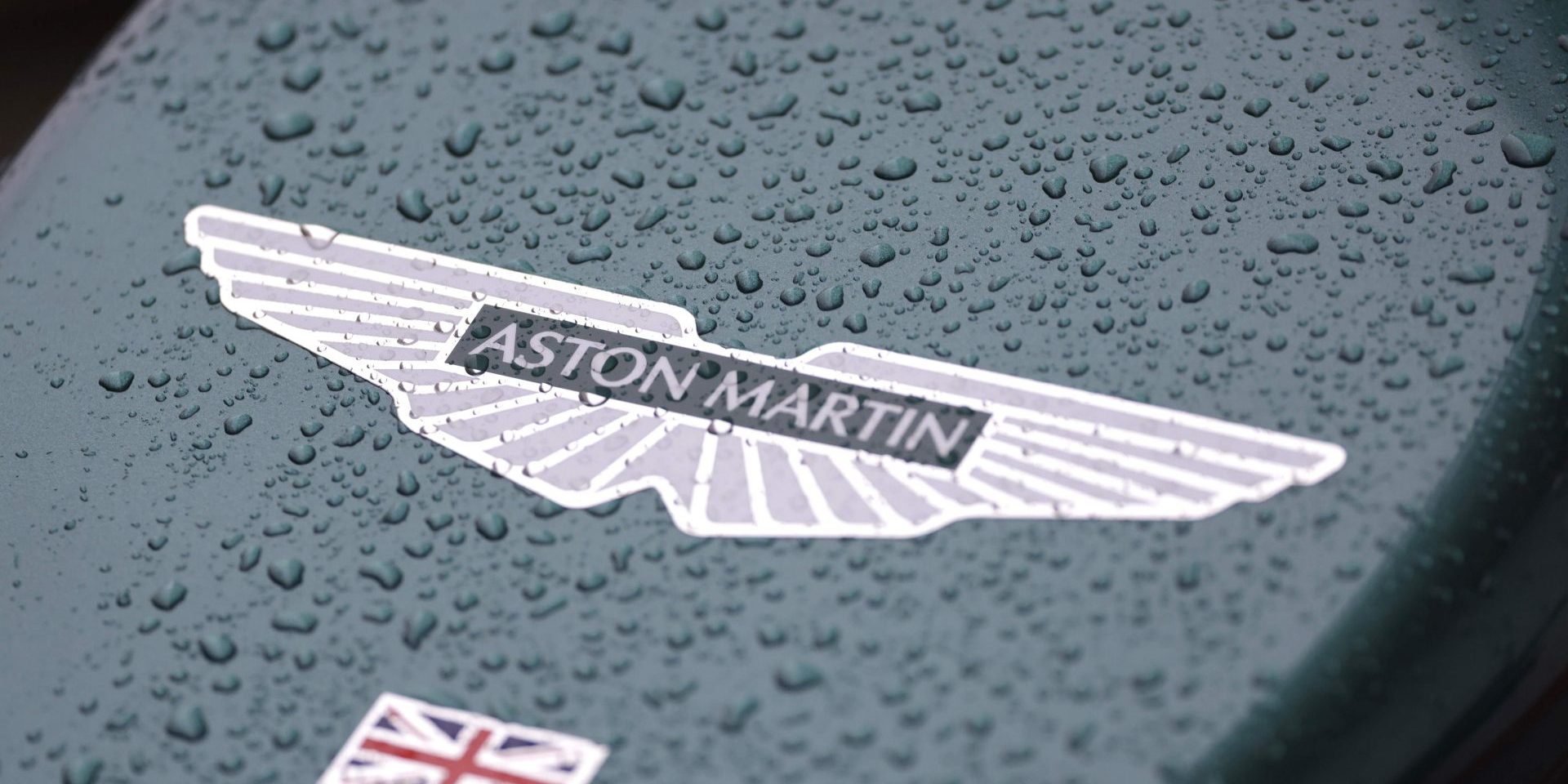 Rain drops on the nose of the Aston Martin AMR21