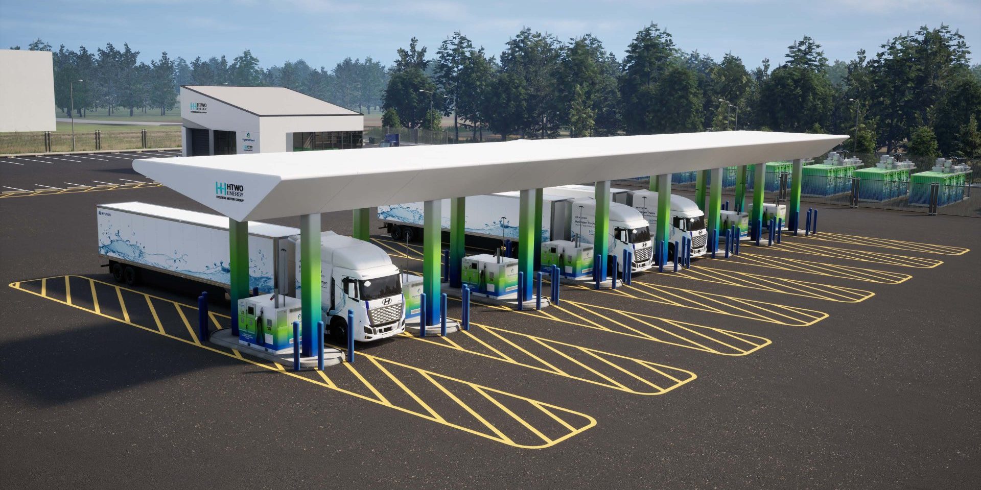 Large-65910-HyundaiAnnouncesHTWOEnergySavannahtheIndustrysFirstDual-EnergyHydrogenandElectricStationtoSupportHeavy-DutyZero-EmissionVehiclesintheSavannahRegion HTWO Energy Savannah station depictions are represented for the planned facility in Pooler, Georgia.