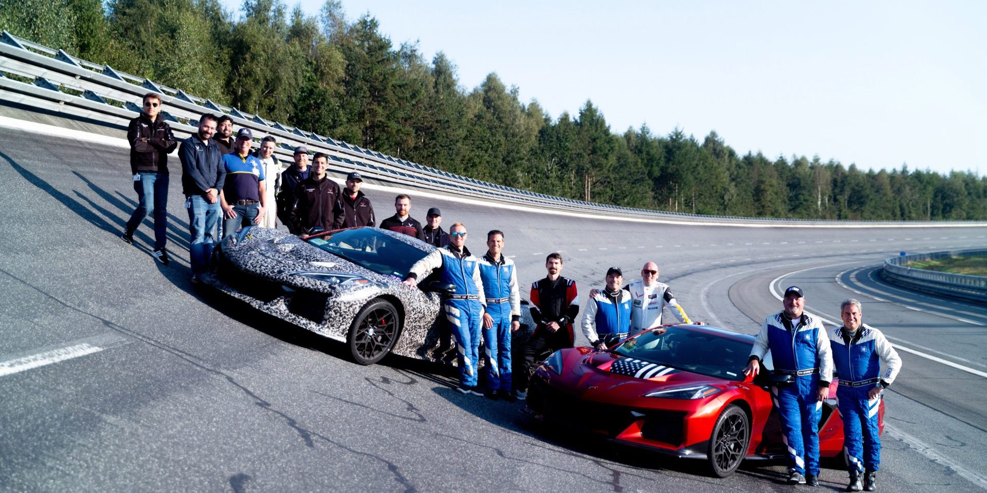 Members of the Corvette team, including General Motors President Mark Reuss on the track in Papenburg, Germany (image courtesy GM)