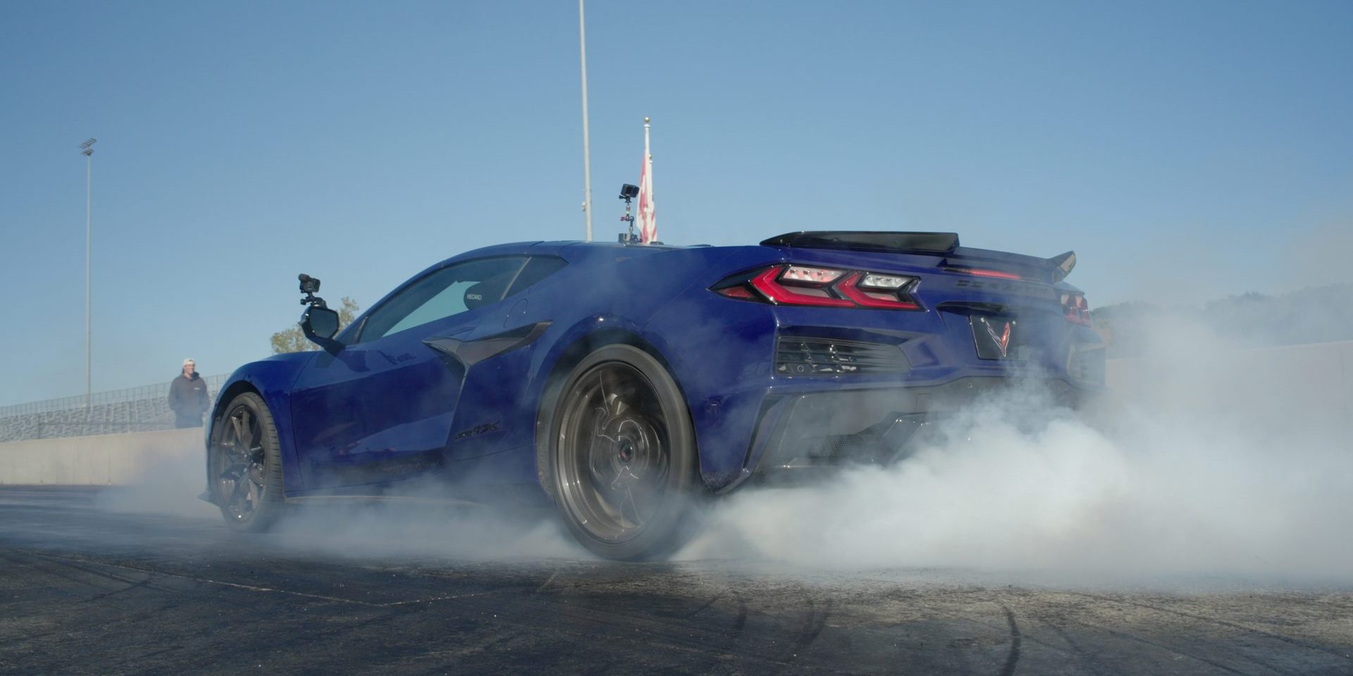 Corvette ZR1X generating tire smoke at drag strip. Preproduction model shown, actual production model may vary.